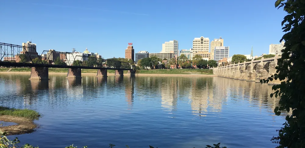 Downtown Harrisburg and the Walnut Street Bridge seen across the Susquehanna River from City Island