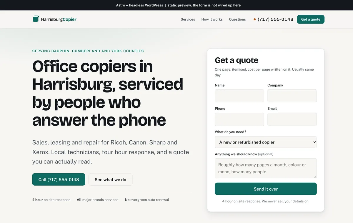 The current Harrisburg Copier front page, showing a headline on the left and a six field quote form on the right, with no photography