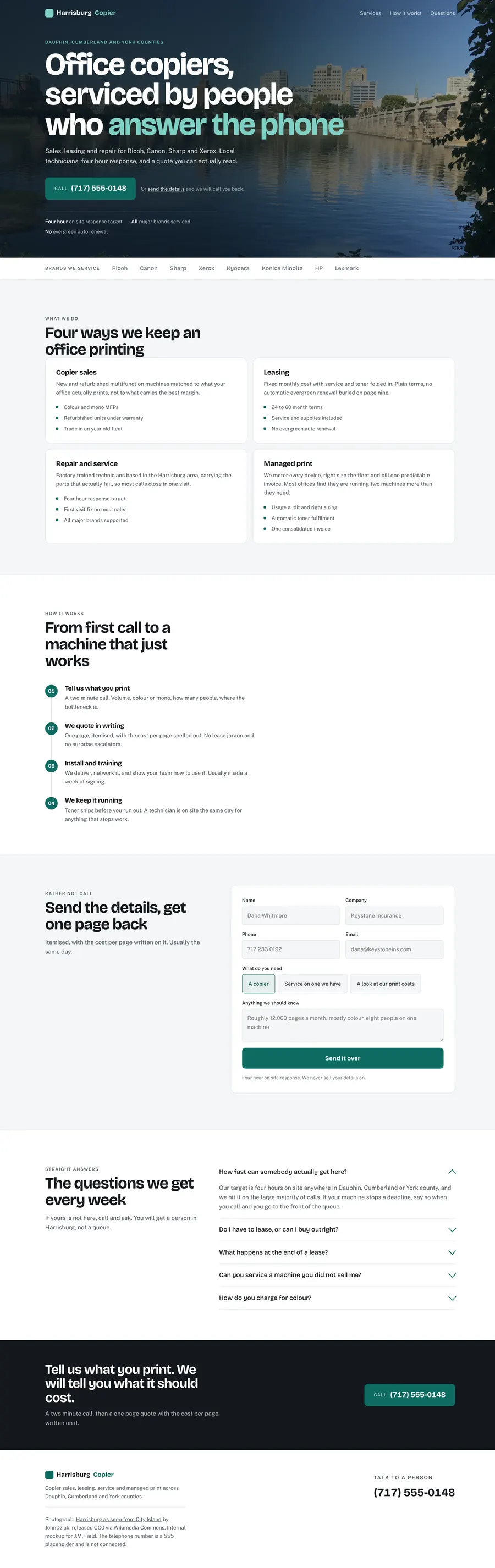 Full length screenshot of the rebuilt Harrisburg Copier front page
